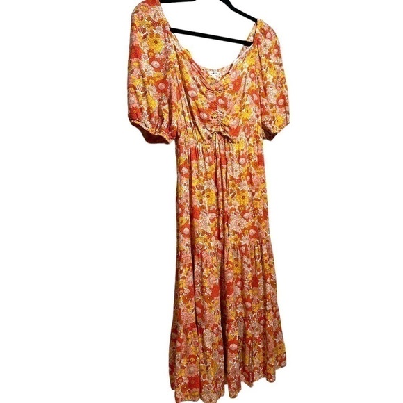 Orange Retro Floral Puff Sleeve Tiered Peasant Midi Dress CinchTie Front Small - Picture 2 of 7